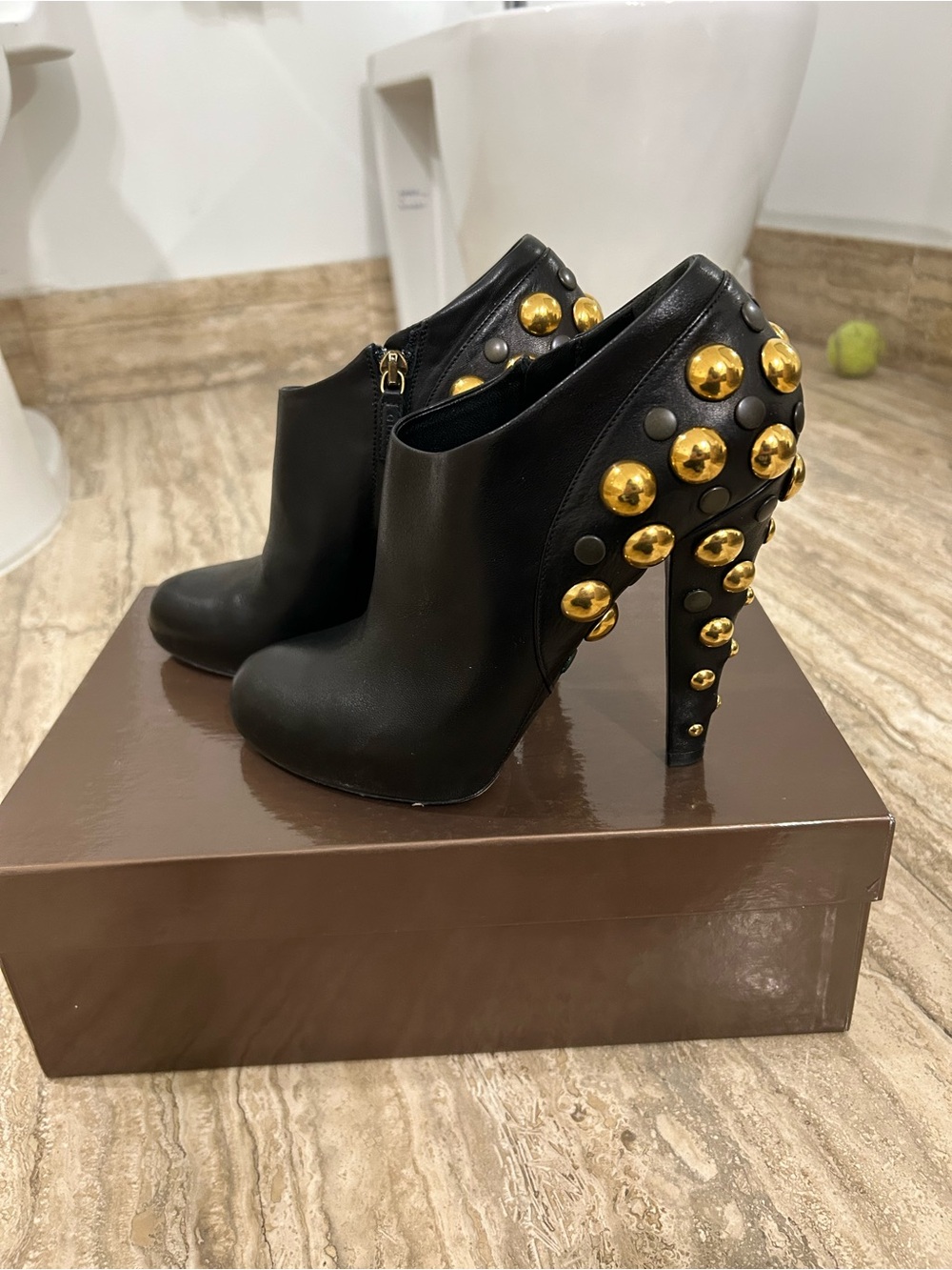 Gucci Black Leather Studded Ankle Booties Babouska with Gold Accents size 38.5